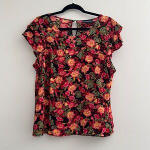 Cynthia Rowley Women Floral Flutter Sleeve Top Black Pink Rayon Blouse Large